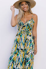 Green Abstract Printed Spaghetti Straps Ruffle Maxi Dress