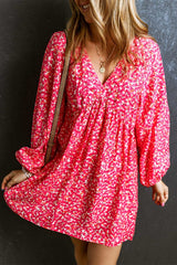 Rose Floral Print Empire Waist Bubble Sleeve Dress