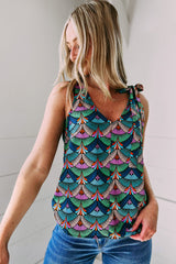 Blue Printed Knotted Shoulder Tank Top