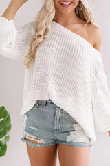 White Ribbed Trim Pointelle Knit Loose Sweater