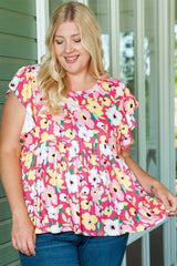 Rose Floral Round Neck Flutter Sleeve Plus Blouse