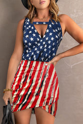 Red Stars Stripes USA Flag Print Wrapped Sleeveless Dress