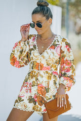 Floral Print V Neck Bishop Sleeve Lace Trim Romper