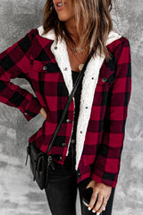 Red Plaid Print Fleece Button Jacket