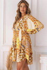 Yellow Floral Buttoned Pleated Long Sleeve Babydoll Dress