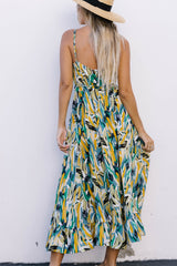 Green Abstract Printed Spaghetti Straps Ruffle Maxi Dress