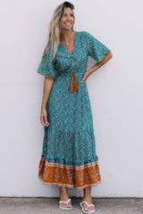 Sky Blue Wrap V Neck Lace-up High Waist Floral Dress