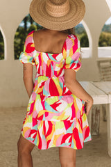 Multicolor Geometric Print Smocked Babydoll Mini Dress
