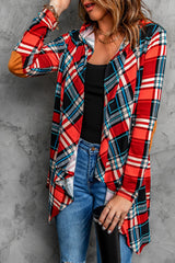 Suede Elbow Patch Hooded Plaid Cardigan
