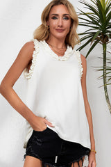 Beige Frilled Trim V Neck Tank Top