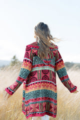 Rose Boho Aztec Knitted Pom Pom Tie Hooded Cardigan