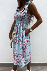 Sky Blue Tie Straps Smocked Floral Dress