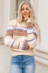 Khaki Geometric Print Knitted Long Sleeve Sweater