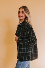 Black Contrast Lattice Textured Buttons Flap Pocket Shacket