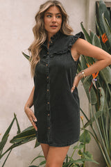 Black Ruffled Cap Sleeves Button Up Denim Dress