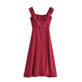 Solid Color Side Slit Cinched Mid Length Dress French Vintage Ruffled Slim Sexy Strapless Suspenders Dress