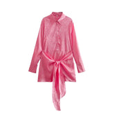 Autumn Women Clothing Surface Jacquard Waist Lace up Office Shirt