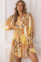 Yellow Floral Buttoned Pleated Long Sleeve Babydoll Dress