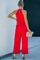 Red Halter Neck Sleeveless Wide Leg Jumpsuit