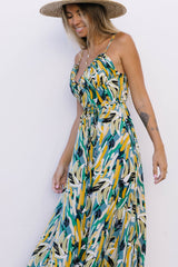 Green Abstract Printed Spaghetti Straps Ruffle Maxi Dress