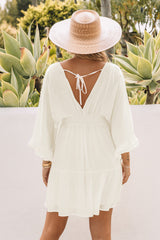 Beige V Neck Wrap Smocked Waist Ruffle Mini Dress