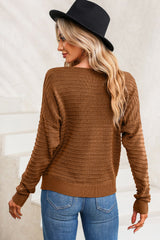 Brown Textured Knit Round Neck Dolman Sleeve Sweater