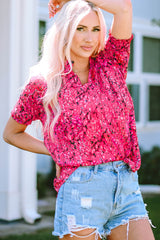 Rose Frilled Neck Puff Sleeves Leopard Print Top