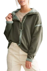 Green Fleece Exposed Seam Buttoned Neckline Sweatshirt