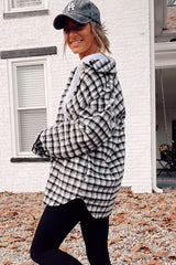 Black Plaid Print Chest Pockets Buttoned Tunic Shacket