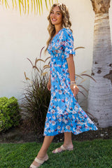 Blue Ruffle Short Sleeve Bohemian Flower Long Dress