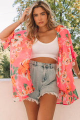 Pink Floral Print Ruffled 3/4 Sleeve Loose Fit Kimono