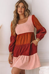 Corduroy Striped Square Neck Long Sleeve Dress