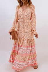 Orange Drawstring Lace-up V Neck Long Sleeve Floral Maxi Dress