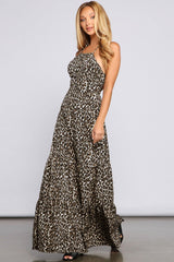 Leopard Halter Neck Strappy Tie Back Maxi Dress