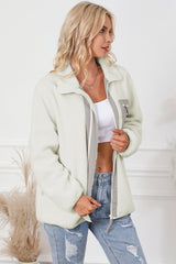 White Chest Pocket Full Zipper Fuzzy Fleece Jacket