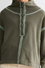 Green Fleece Exposed Seam Buttoned Neckline Sweatshirt