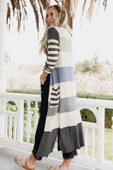 Stripes Mixed Stripes Pocketed Split Long Cardigan