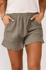 Khaki High Waist Pocketed Ruffle Shorts
