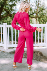 Rose Bishop Sleeve Belted Wide Leg Jumpsuit