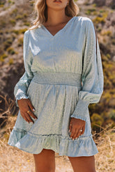 Sky Blue Split Sleeves Smocked Waist Leopard Satin Dress