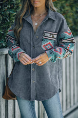Gray Aztec Pattern Sleeve Pocketed Corduroy Shacket