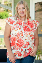 Red Plus Size Watercolor Floral Print Frill Neck Blouse