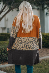 Orange Colorblock Leopard Print Patchwork Knit Cardigan