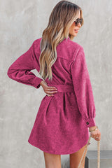 Rose Corduroy Long Sleeve Button up Shirt Dress with Belt