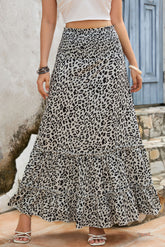 Leopard Embellished High Waist Frill Tiered Maxi Skirt