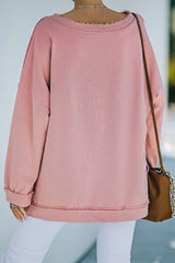 Pink Frayed Trim Side Slit Loose Sweatshirt