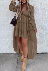 Khaki Tiered Ruffled High Low Long Sleeve Dress