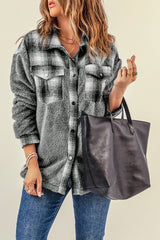Gray Plaid Patchwork Buttoned Pocket Sherpa Jacket