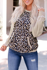 Leopard Kangaroo Pocket Raglan Sleeves Sweatshirt