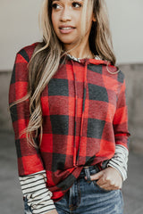 Red Christmas Plaid Striped Patchwork Drawstring Hoodie